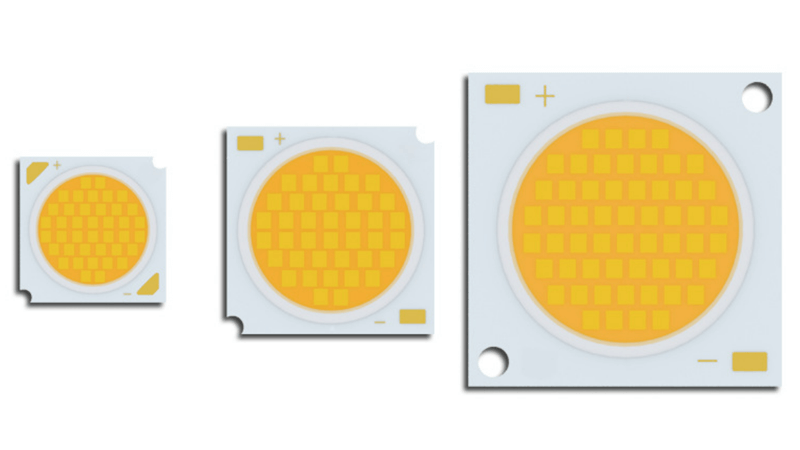 A close-up view of a COB LED chip, showing its single light-emitting surface