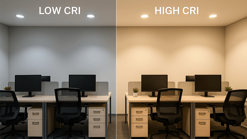 An office space showing the difference between low CRI and high CRI lighting