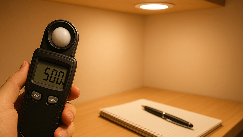 A light meter showing a reading of 500 lux on a study desk
