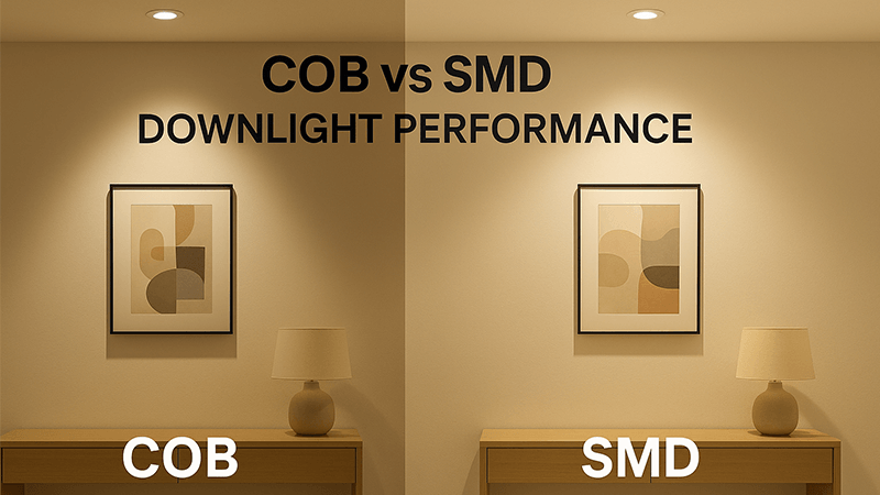 A comparison of COB and SMD downlight beams in a modern room