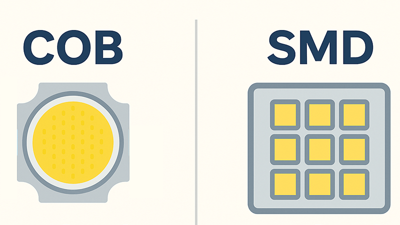 Side-by-side technical drawing of a COB and SMD chip