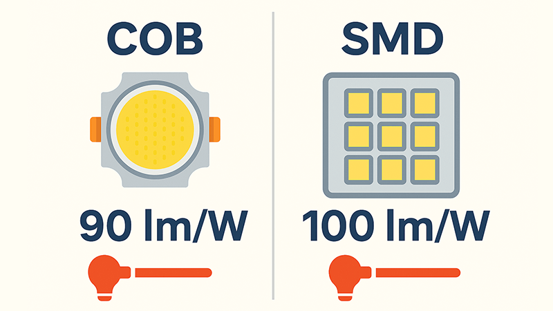 An infographic showing lumen-per-watt comparison for COB and SMD LEDs