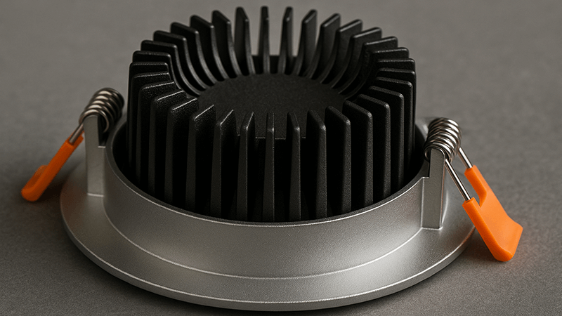 A close-up of a high-quality aluminum heat sink for a downlight