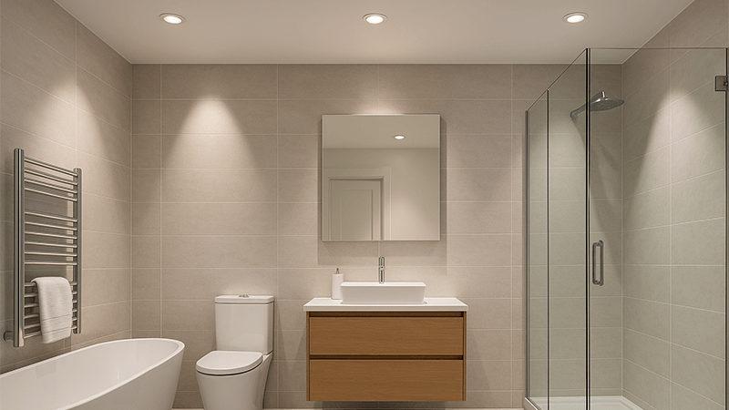 A well-lit modern bathroom with IP44 downlights showing different beam angles.