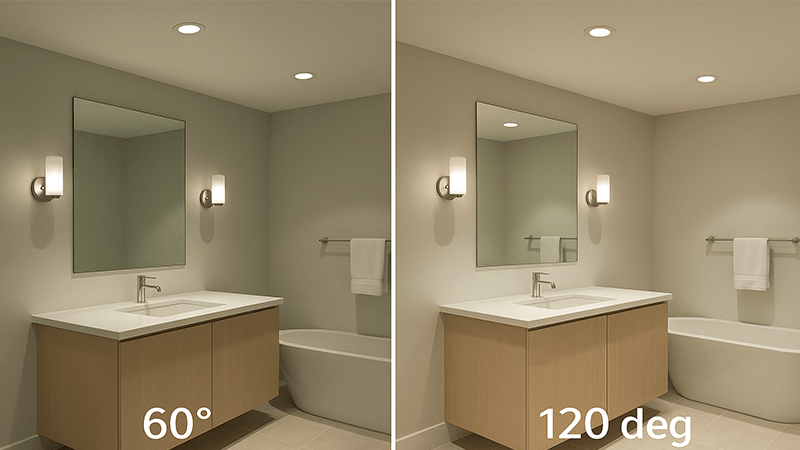 Side-by-side comparison of a room lit with 60-degree and 120-degree downlights.