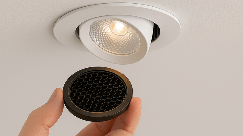 A downlight with a honeycomb louver accessory being installed.