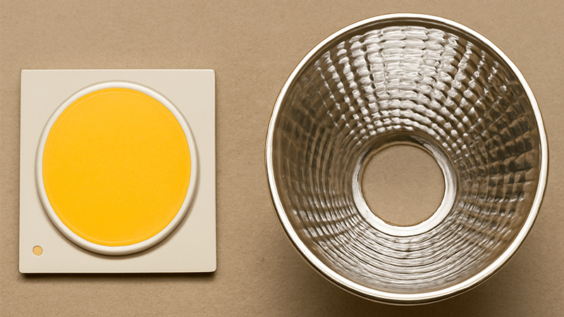 Close-up of a COB LED chip and a separate reflector
