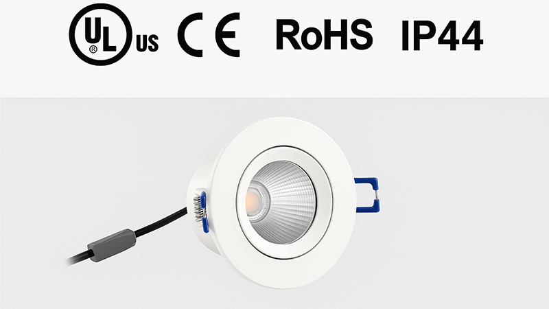 An array of certification logos like UL, CE, RoHS on an IP44 LED Downlight spec sheet
