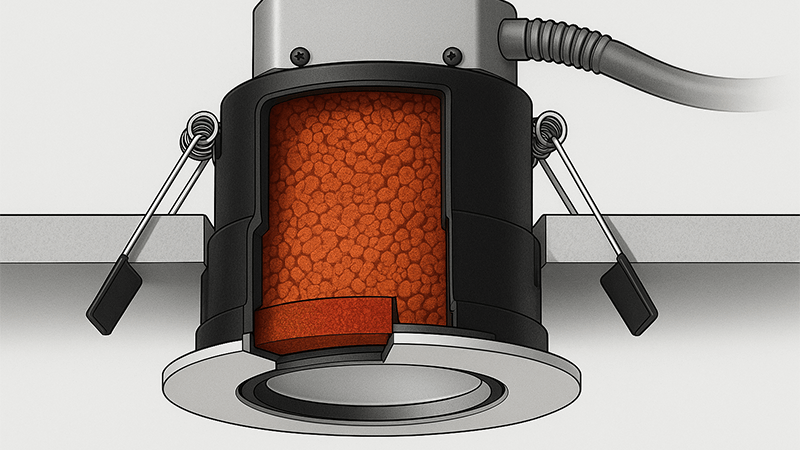 A cutaway view showing the intumescent material inside a fire-rated downlight