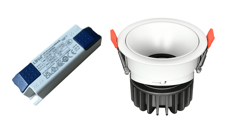 An assortment of high-quality isolated LED drivers next to an LED downlight