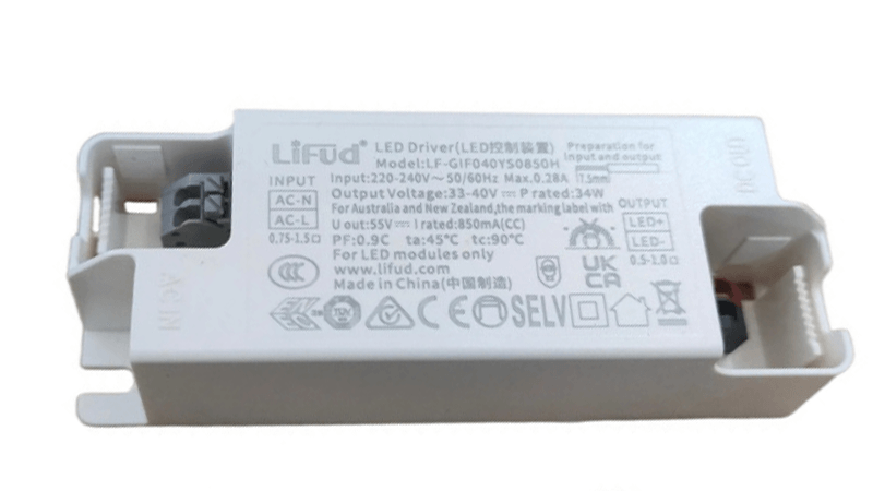 A close-up view of an isolated constant-current LED driver's specifications label