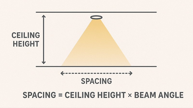 A diagram showing the correct layout and spacing of downlights based on ceiling height and beam angle