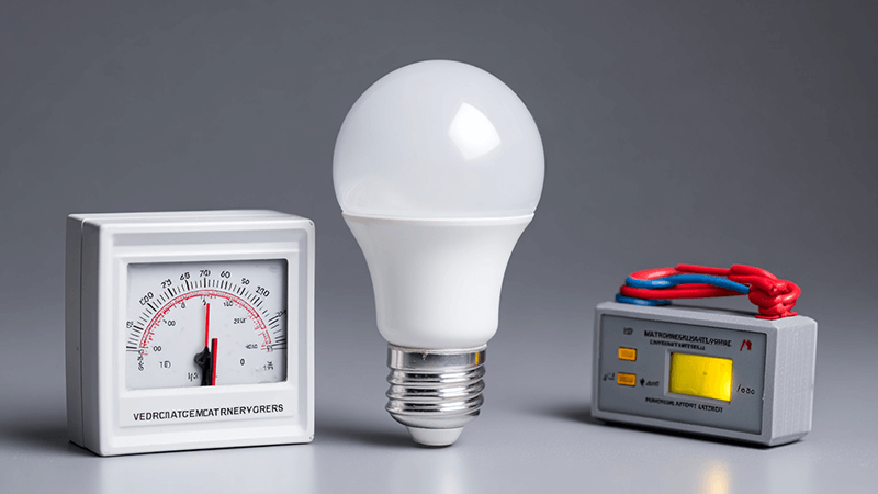 An LED bulb that has failed prematurely, shown next to a voltmeter