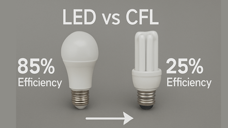 LED bulb next to a CFL bulb with efficiency comparison
