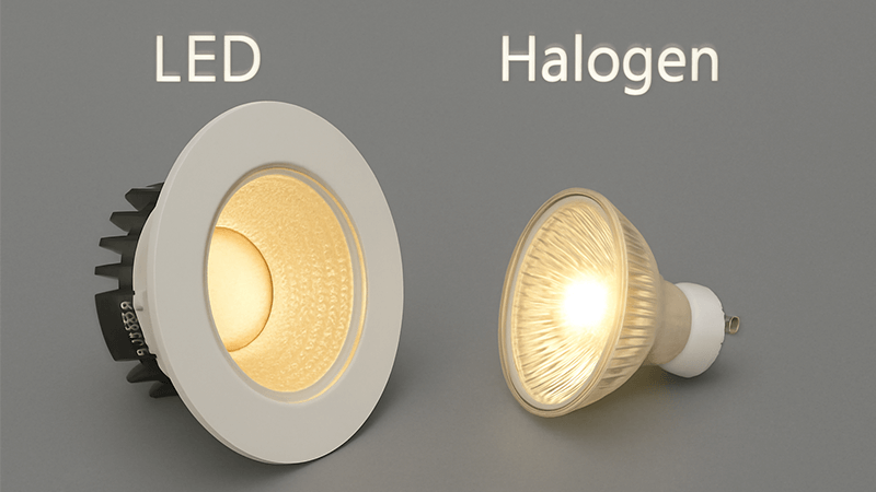 An LED downlight compared to a traditional halogen downlight