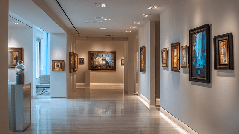 An elegant art gallery with perfectly illuminated paintings using LED downlights.