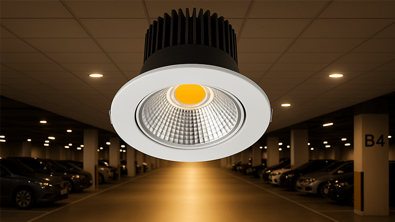 Close-up of a COB LED downlight for parking garages