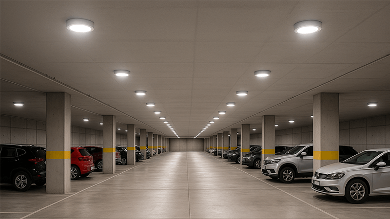 Well-lit modern parking garage at night