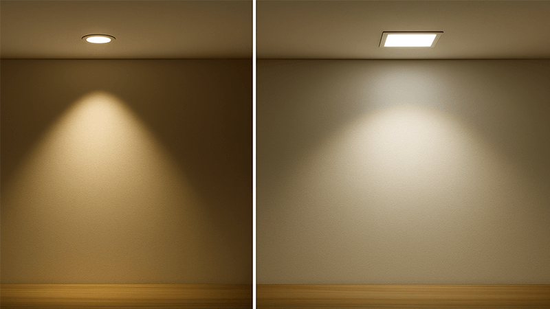 Side-by-side comparison of a COB downlight beam and a LED panel light