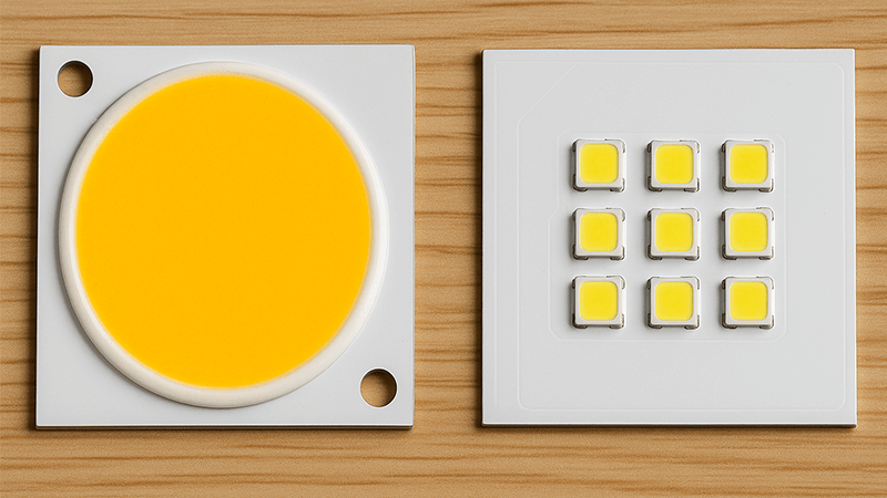 Close-up of a COB LED chip versus an SMD LED chip