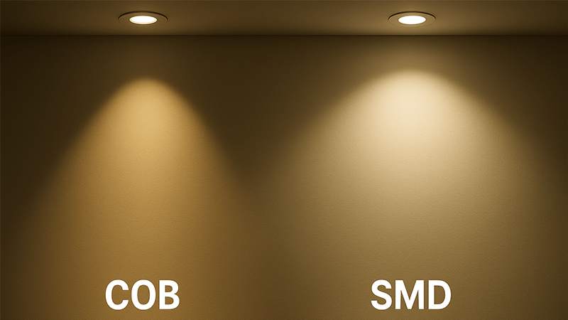 Comparison of light beams from COB and SMD downlights