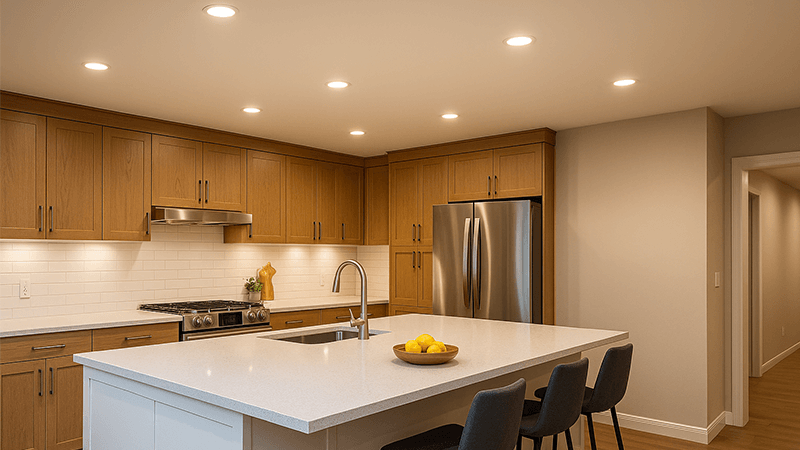 Modern kitchen with COB downlights over the island