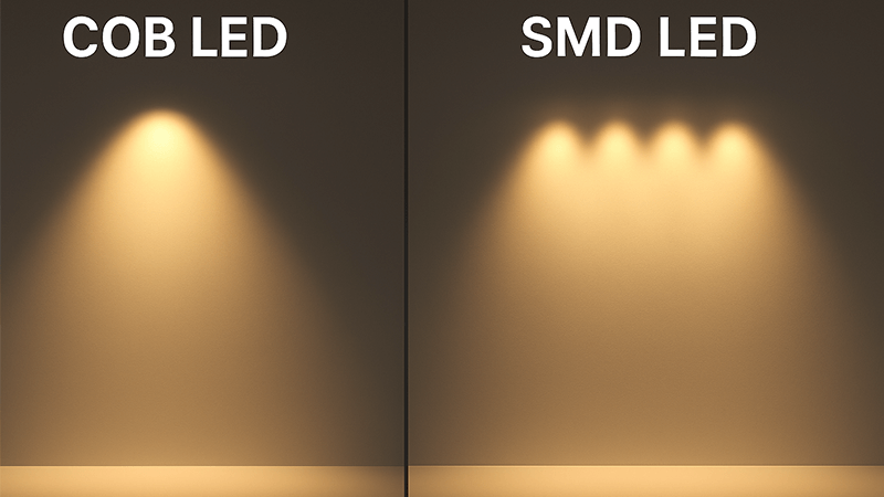 Side-by-side comparison of COB LED and SMD LED light output