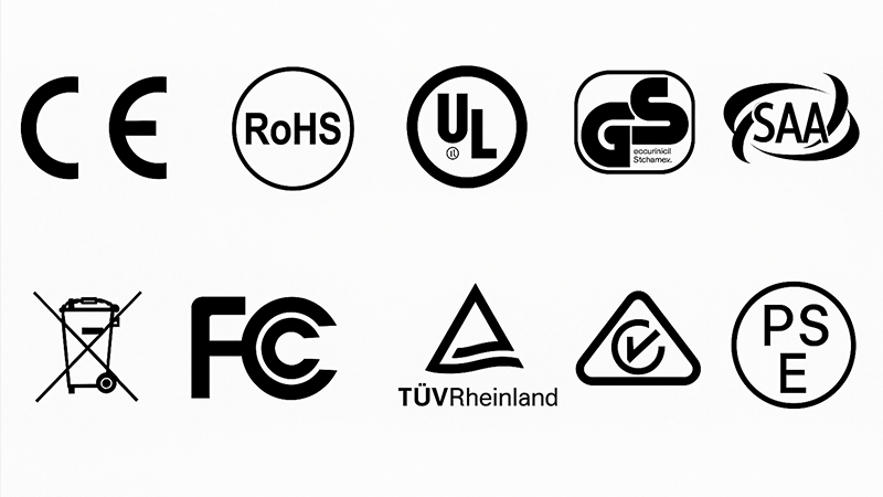 An array of safety certification logos like CE, RoHS, and UL