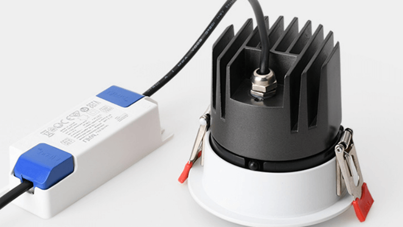 Close-up of an IP44 LED downlight's heat sink