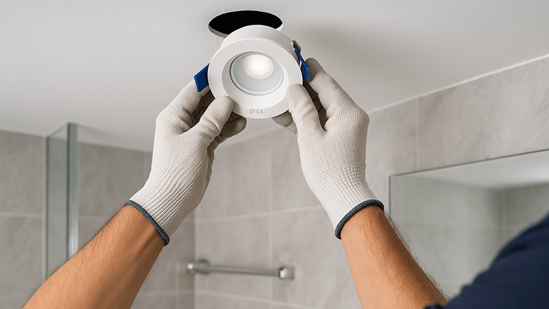 Electrician installing an IP44 LED downlight in a bathroom ceiling
