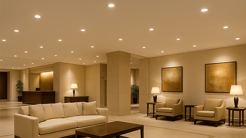 A luxurious hotel lobby illuminated with modern LED downlights