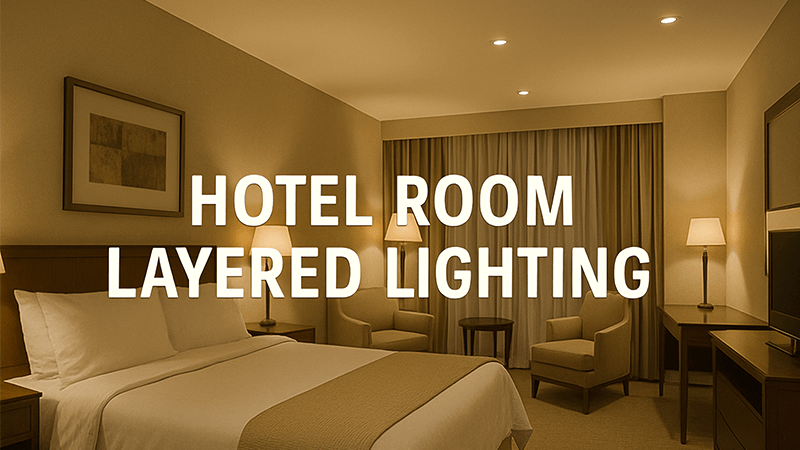 A hotel room showcasing layered lighting with lamps, downlights, and accent lights