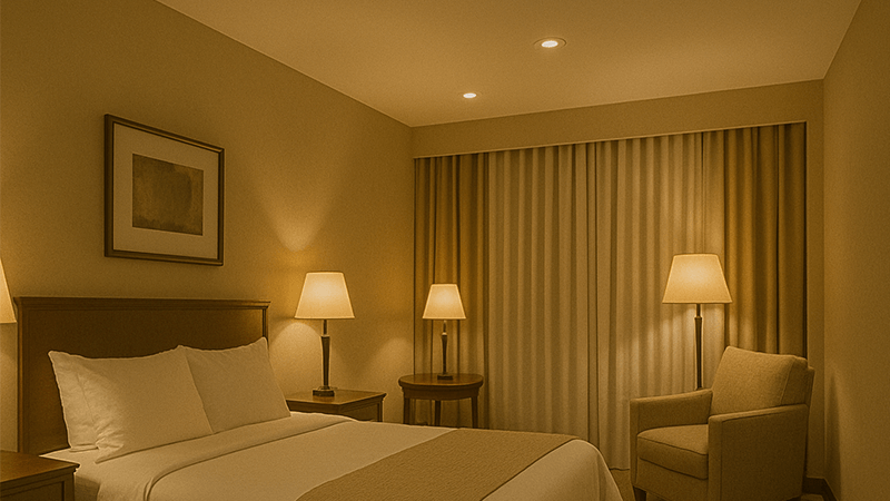 A cozy hotel room corner with warm lighting from lamps and recessed lights, no central fixture