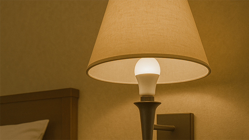 A close-up shot of a sleek, modern LED bulb in a hotel fixture