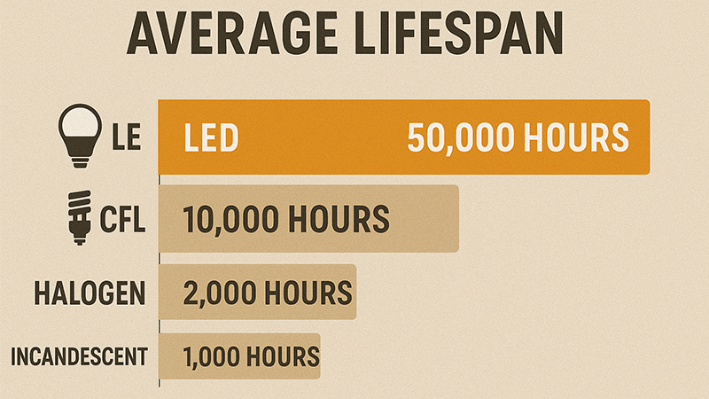 A comparison graphic showing the long lifespan of an LED vs. other bulb types