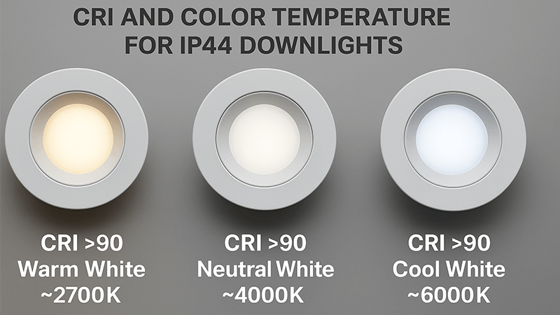 A close-up of an IP44 downlight installed in a modern bathroom ceiling