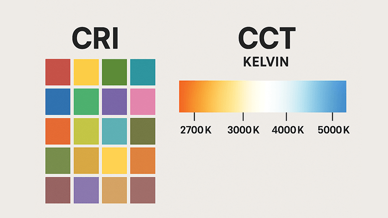 An infographic comparing CRI color swatches to a CCT Kelvin scale