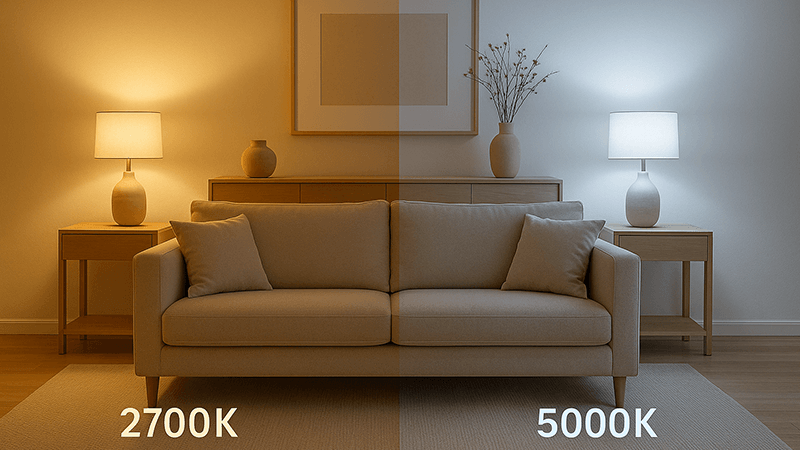 A room split into two halves, one with warm 2700K light and one with cool 5000K light