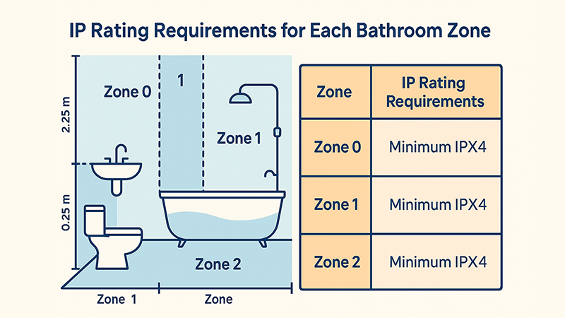 A detailed chart showing the IP rating requirements for each bathroom zone