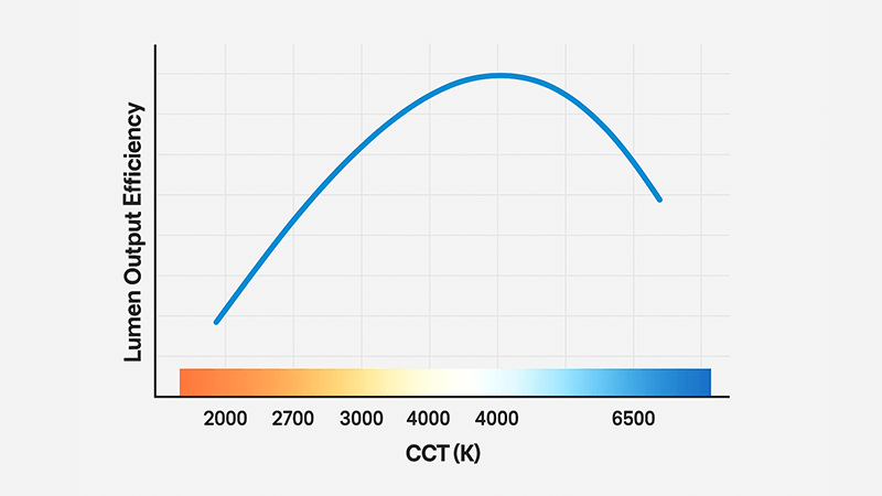 A graph showing the relationship between CCT in Kelvin and lumen output efficiency