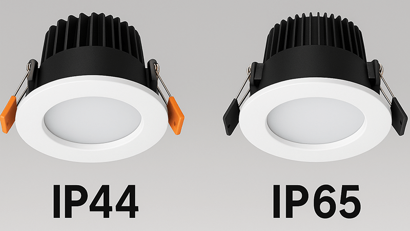 A side-by-side comparison of an IP44 and an IP65 rated downlight