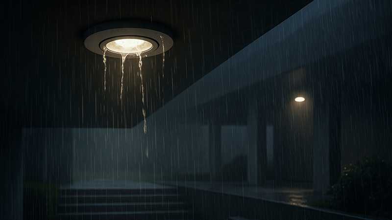 An outdoor area in heavy rain with unsuitable lighting failing