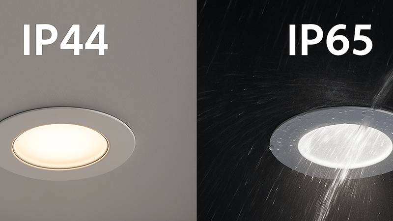 A side-by-side comparison of an IP44 and an IP65 downlight