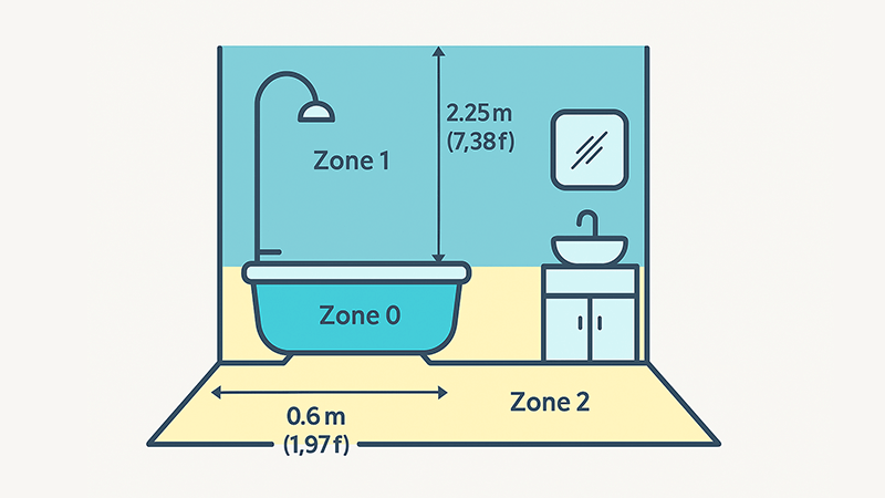 A diagram showing the different electrical zones in a bathroom