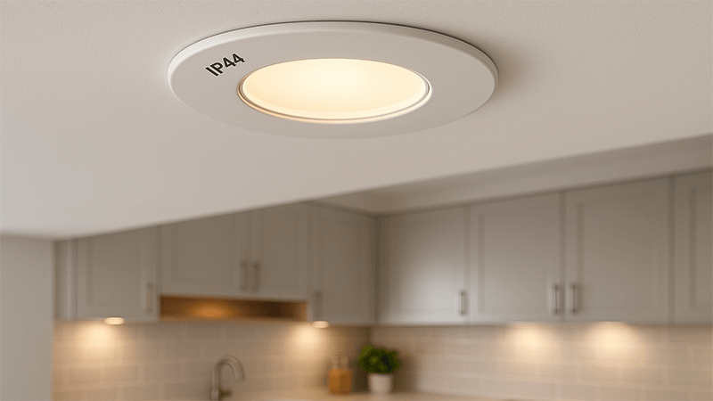 Best IP44 LED Downlights for Kitchens A close-up of an IP44-rated LED downlight installed in a modern kitchen ceiling, showing its sleek design.