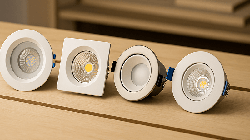 Comparing Kitchen LED Downlights An array of different LED downlights suitable for a kitchen, displayed on a worktable.