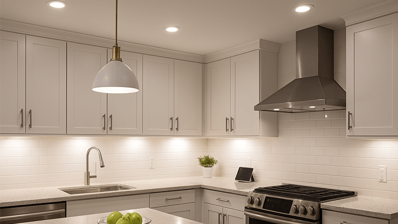 Best Type of Kitchen Ceiling Light A well-lit modern kitchen showcasing a combination of recessed downlights, under-cabinet lighting, and a pendant light.