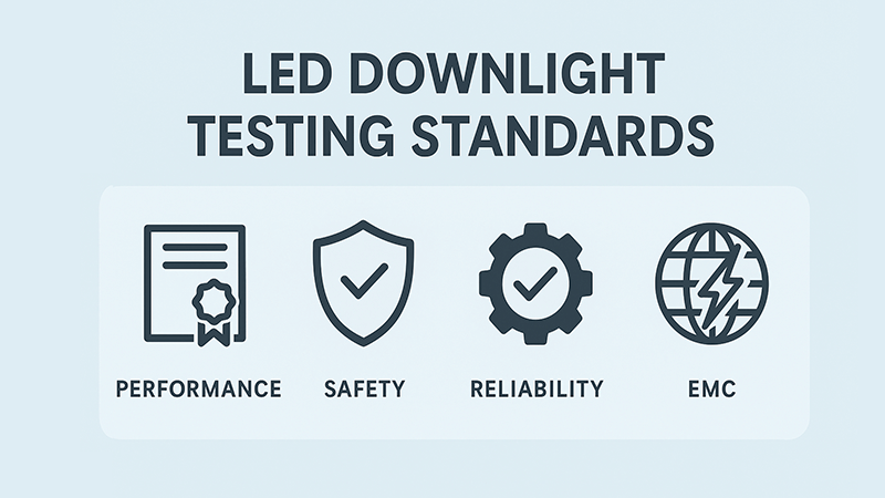 A quality control engineer inspecting an LED downlight in a factory
