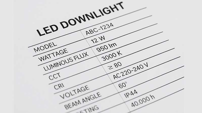 A close-up of an LED downlight's technical specification sheet