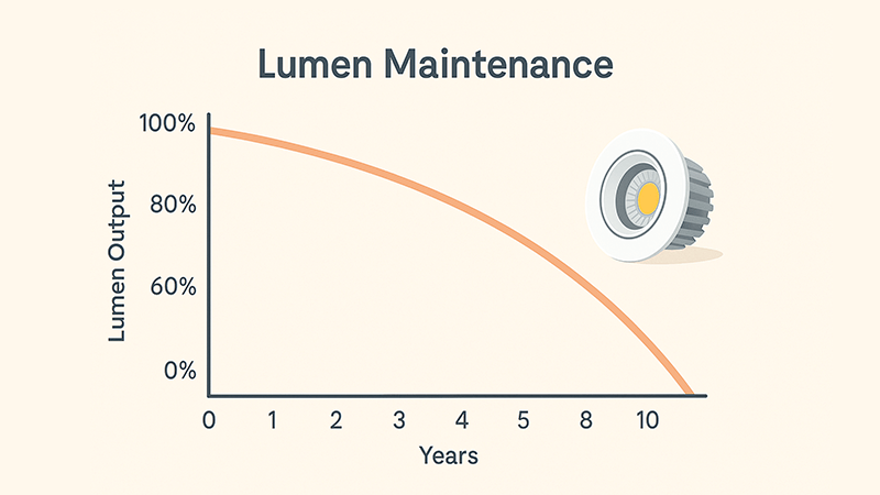 An animated graphic showing lumen decay over time for an LED downlight